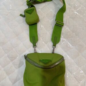 PRADA Canapa Shoulder Bag 2VH147 Green Silver Canvas Zip Bag